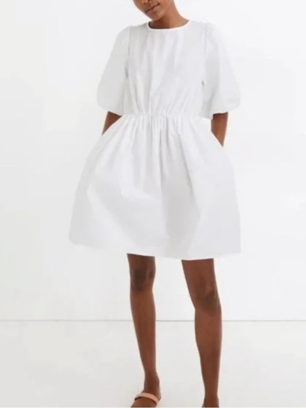 White Puff-Sleeve Madewell Dress size 4 with pockets